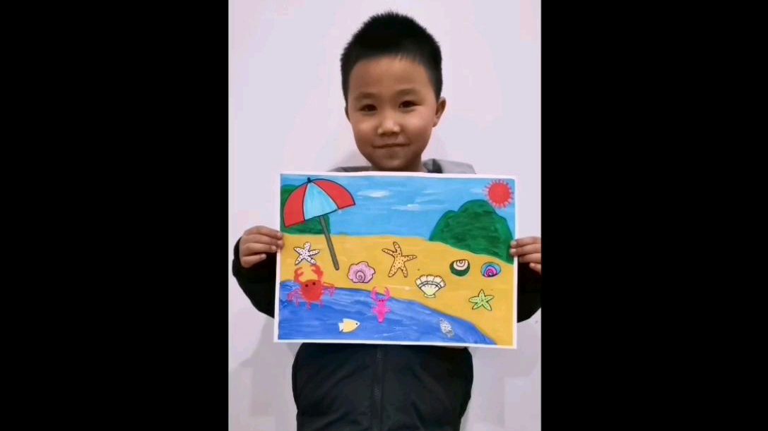 儿童画大海与沙滩,少儿美术创意儿童绘画