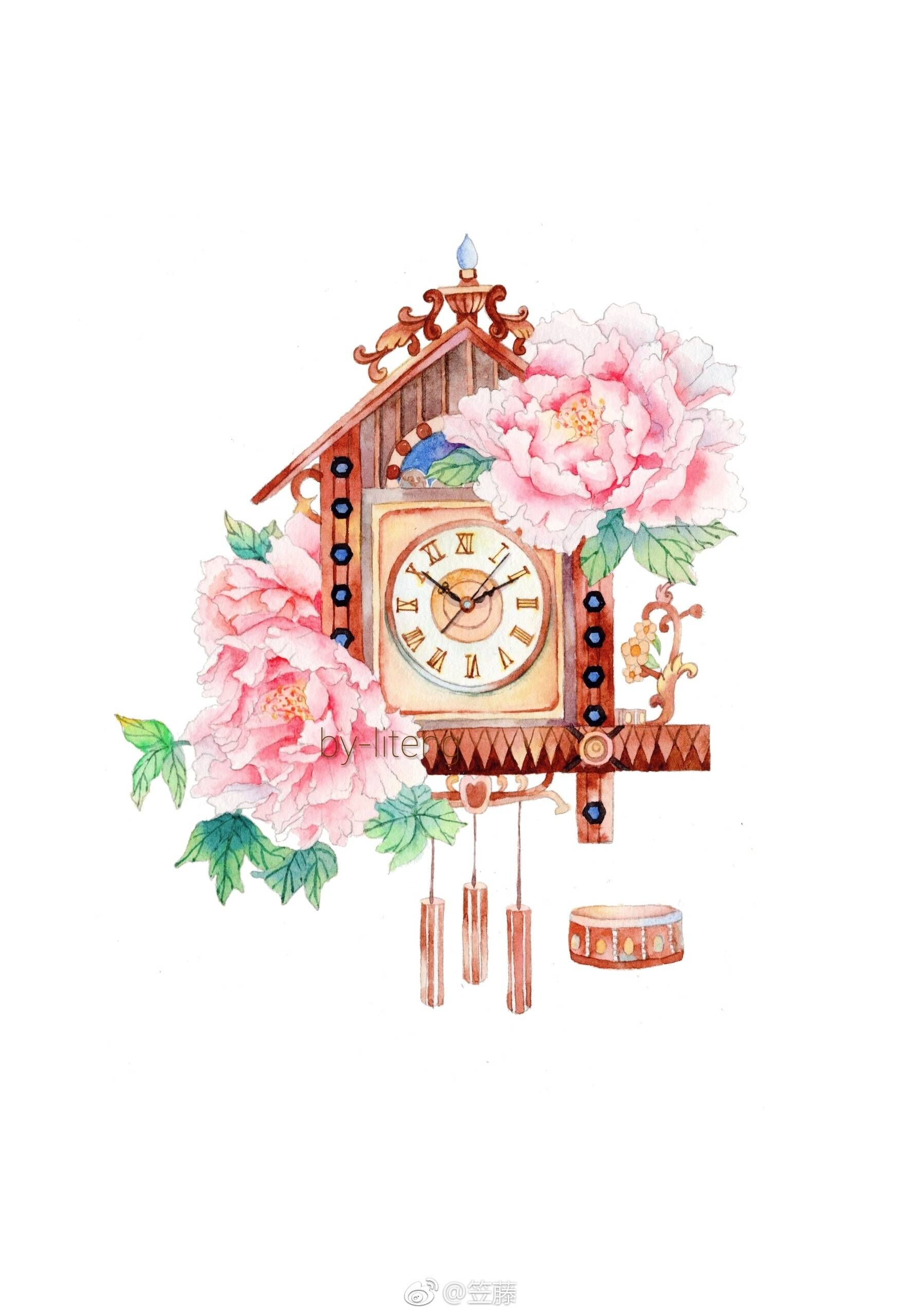 水彩插画,一组清新可爱的水彩小时钟插画,桃花小时钟,插画师:笠藤