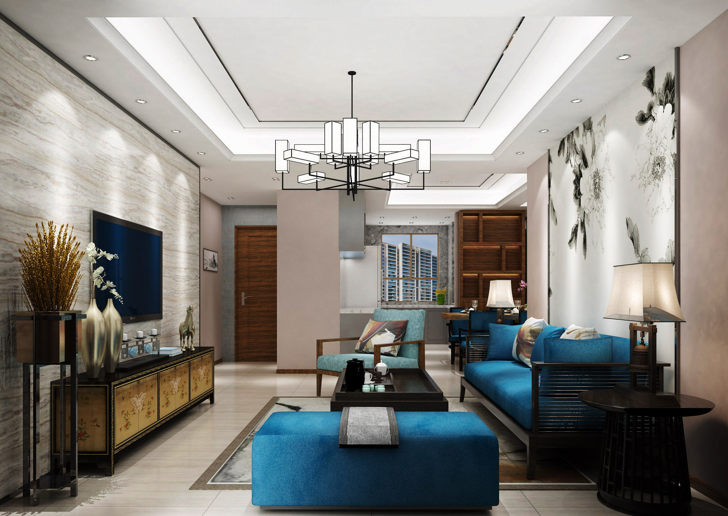 本方案通过运用黑钛金元素作为勾勒空间的几何线条,突出新中式中勾勒