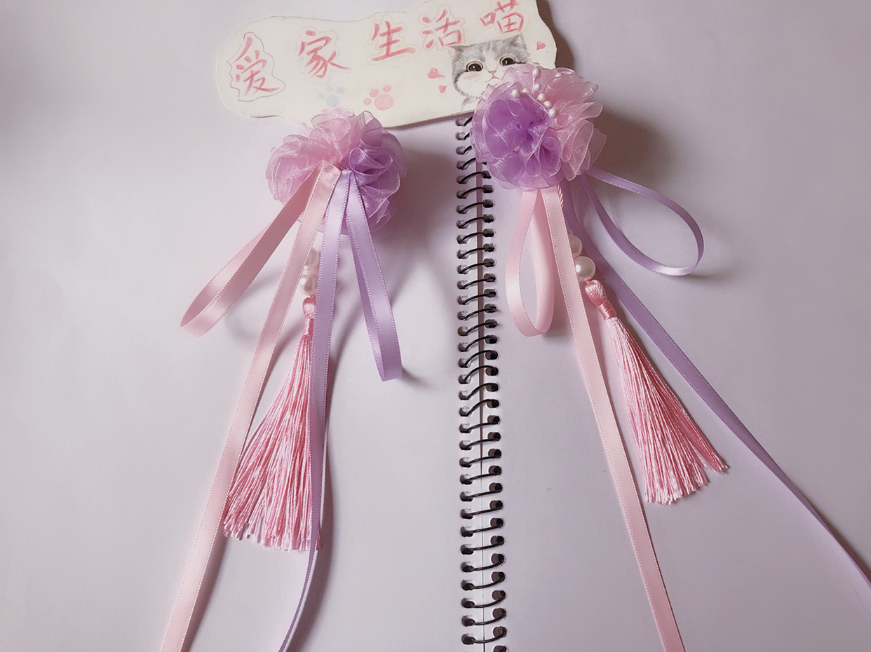 三色雪纱花球古风飘带对夹,纯手工制作的发饰就是这么美