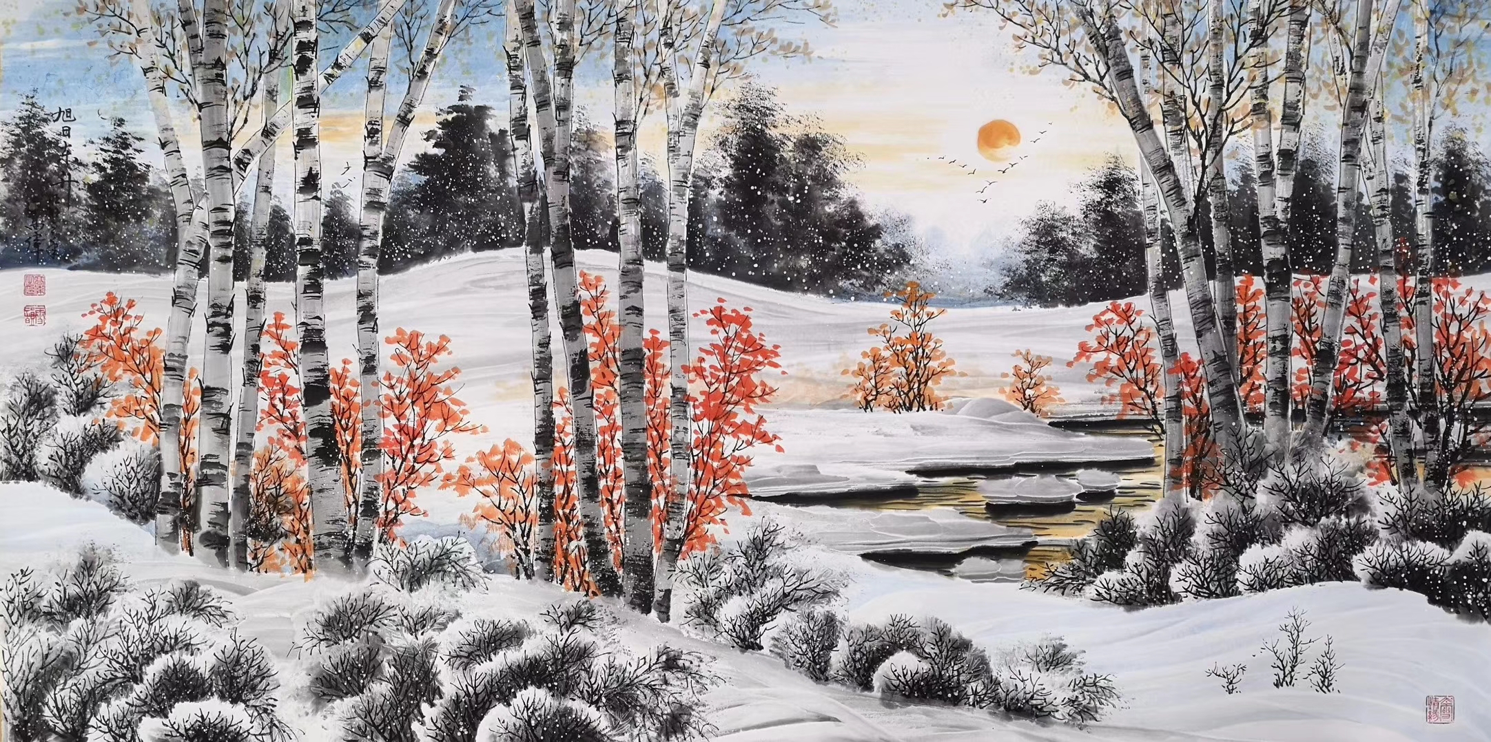 国画雪景,高超的留白展现自然雪景,美不胜收的雪是精心留出来的