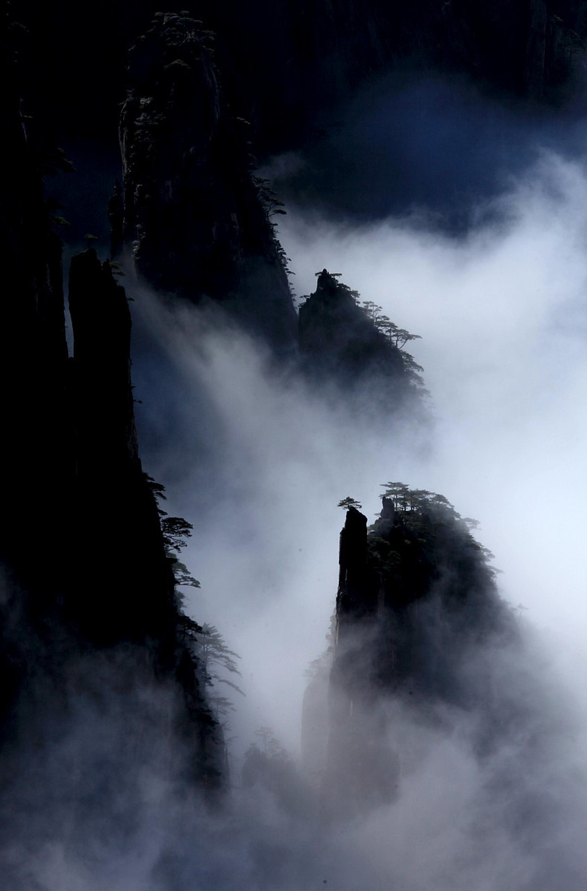 雨中云雾缭绕的黄山图片