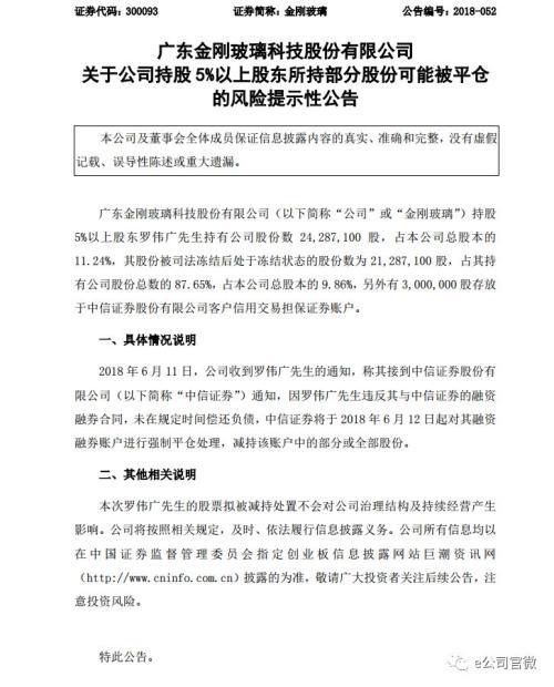罗伟广300万股金刚玻璃面临强平 1.38亿股被轮候冻结