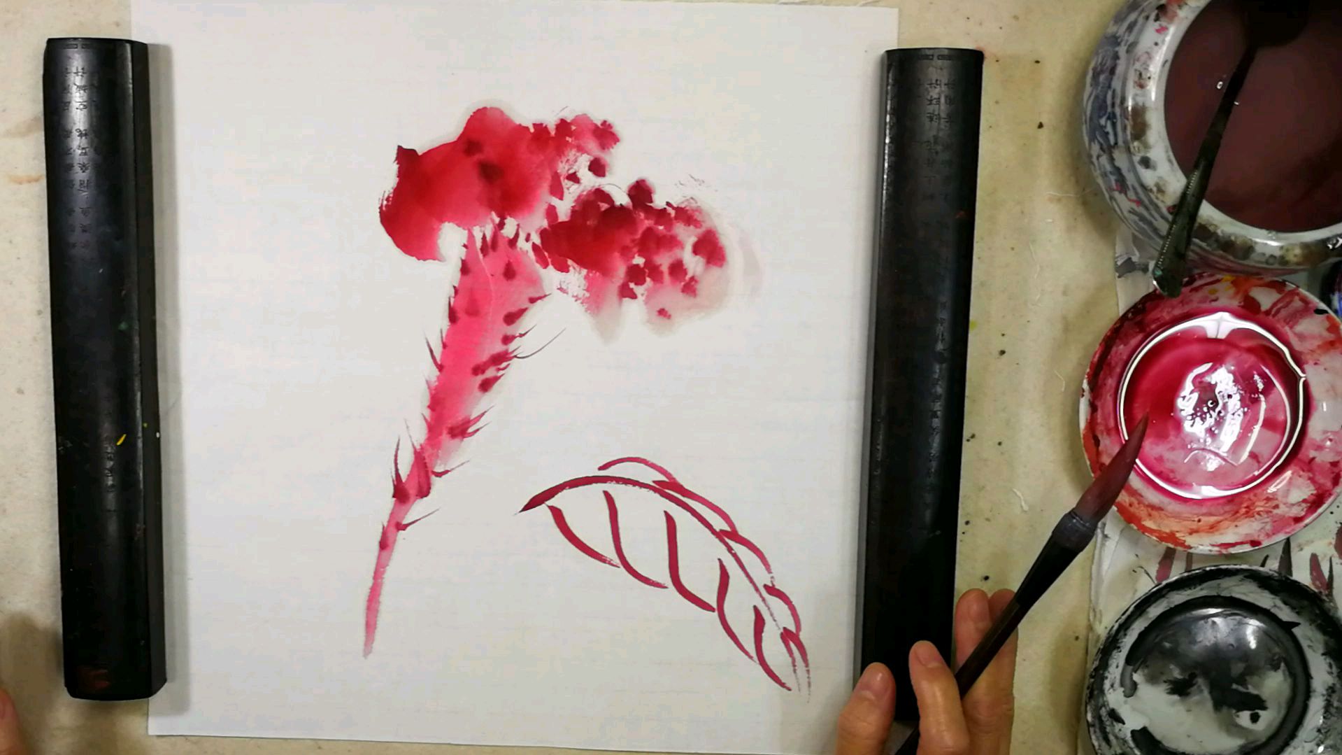 中国画课堂,零基础花鸟篇。第九课,鸡冠花。分解:花和叶画法