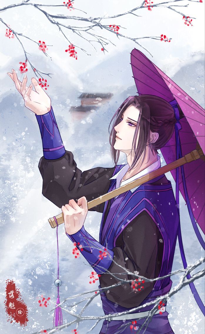 古风动漫绘画:风姿奇秀的古风美男,雪中撑伞的江澄.