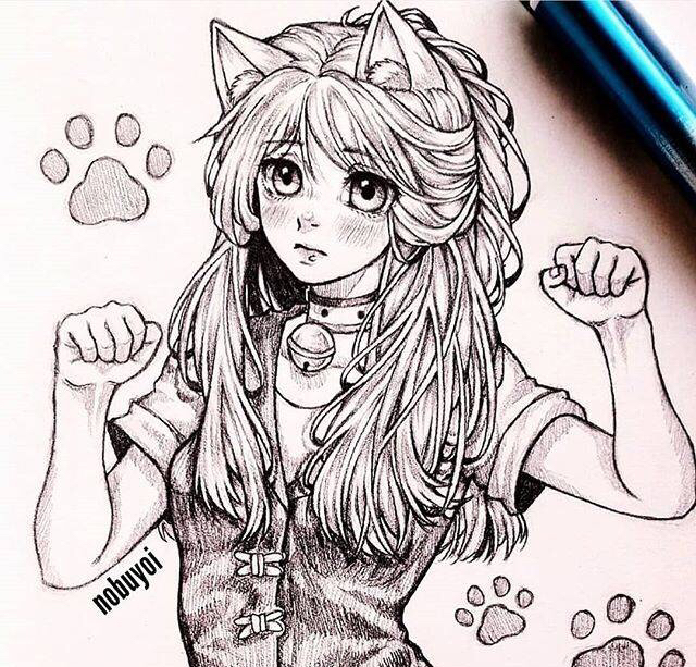 素描画猫咪女孩儿图片