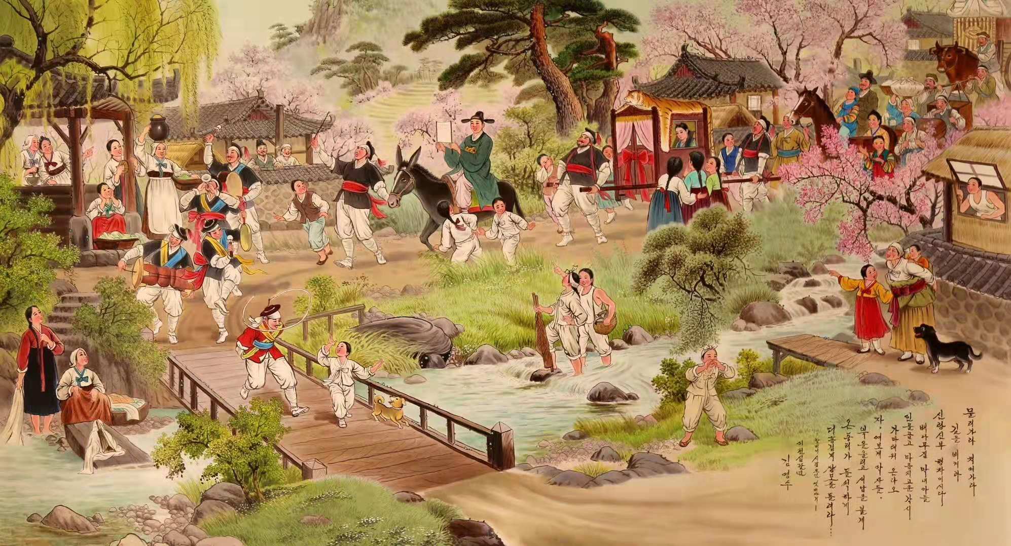 油画欣赏:描绘民间婚嫁赶集热闹场景的油画作品