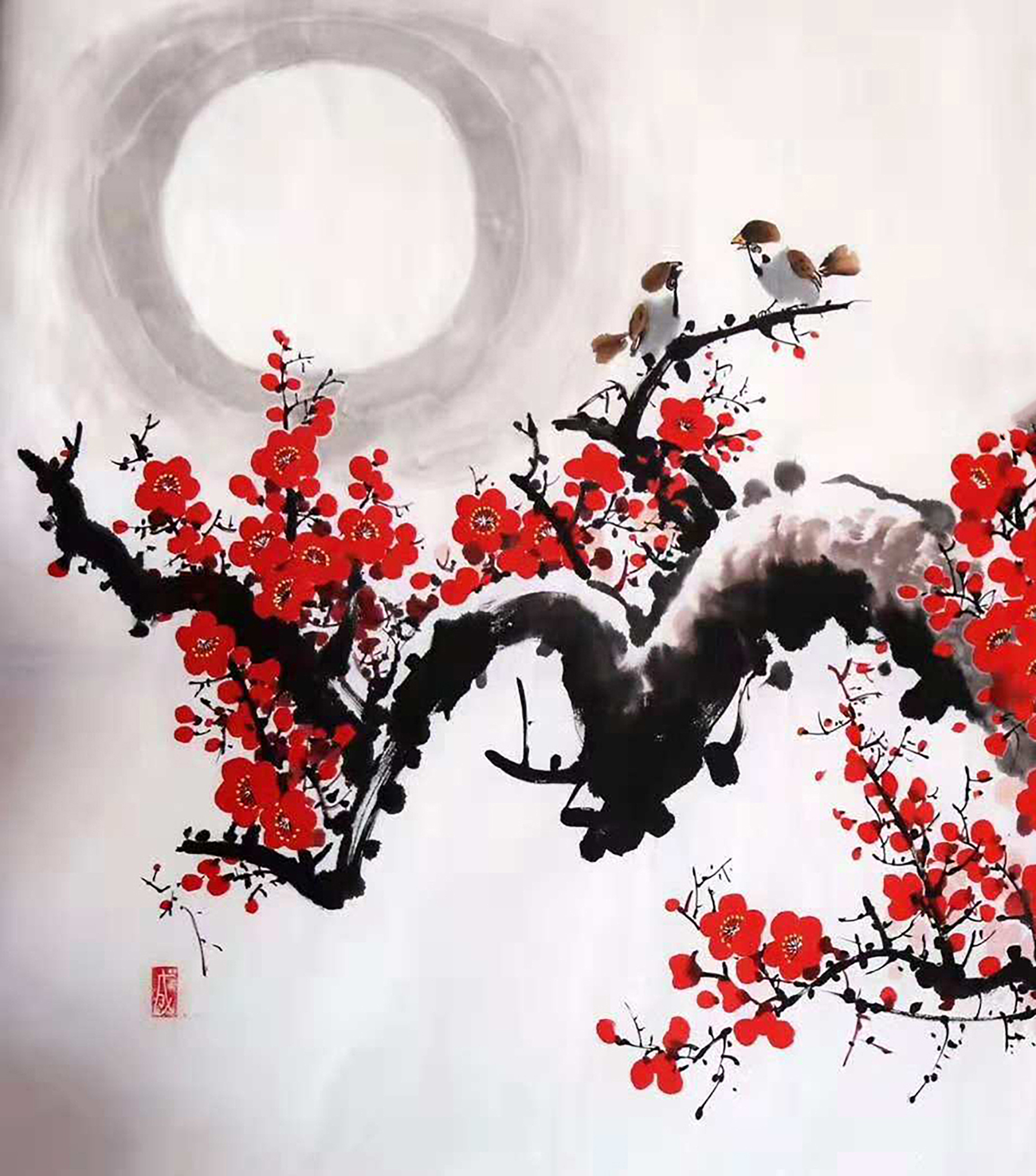 水墨花鸟画,——麻雀红梅图