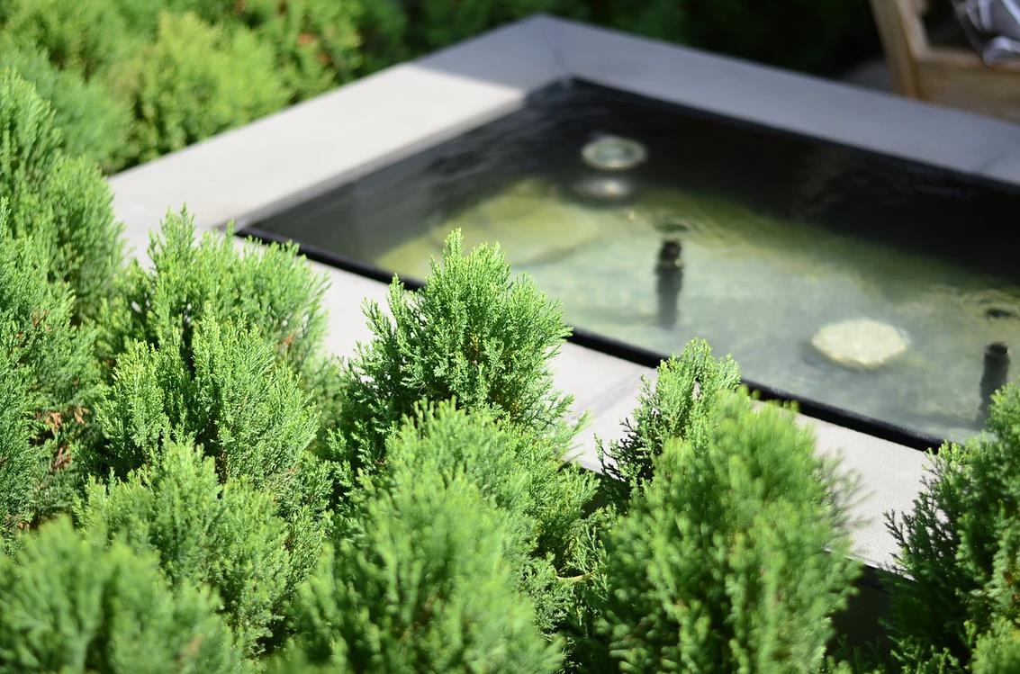 庭院设计:两个防雨庭院,庭院中设计小型喷水池真的是不错的选择