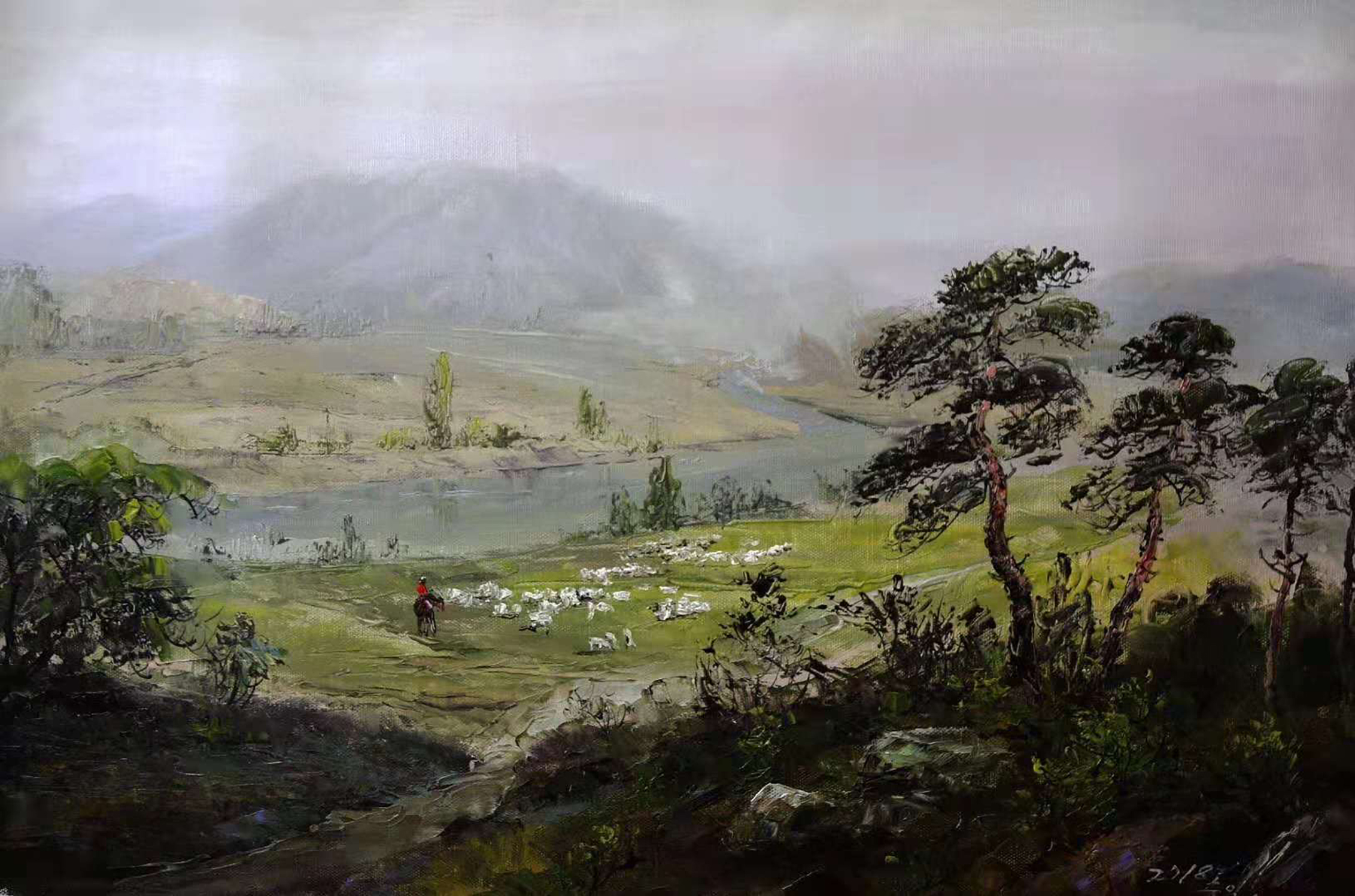 油画欣赏:一组灰调子画的山村风景油画作品