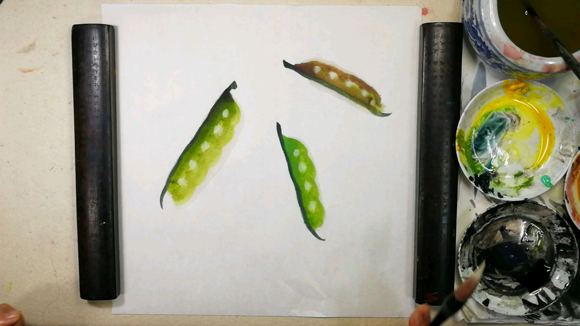 国画基础教程蔬果篇。豆角画法:分步骤讲解