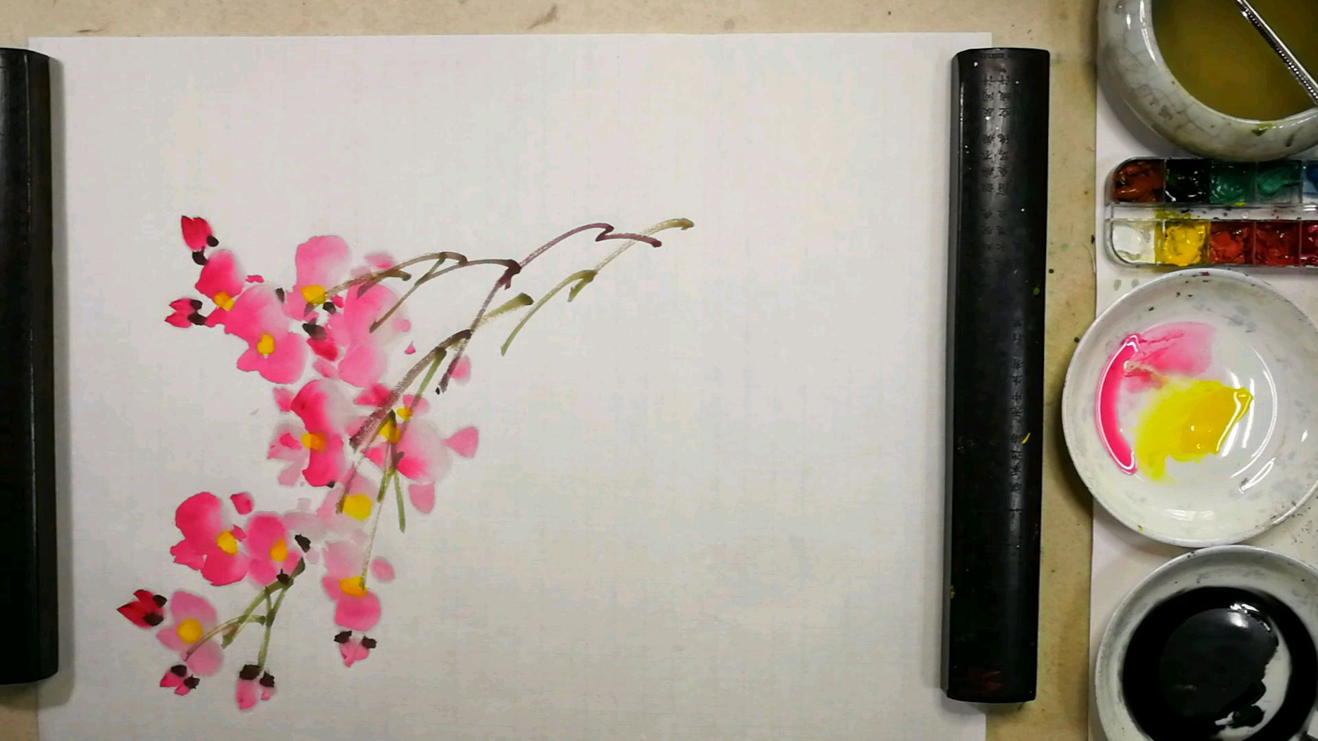 第八章秋海棠的画法。第二节秋海棠花的结构与画法:2先画茎后点花