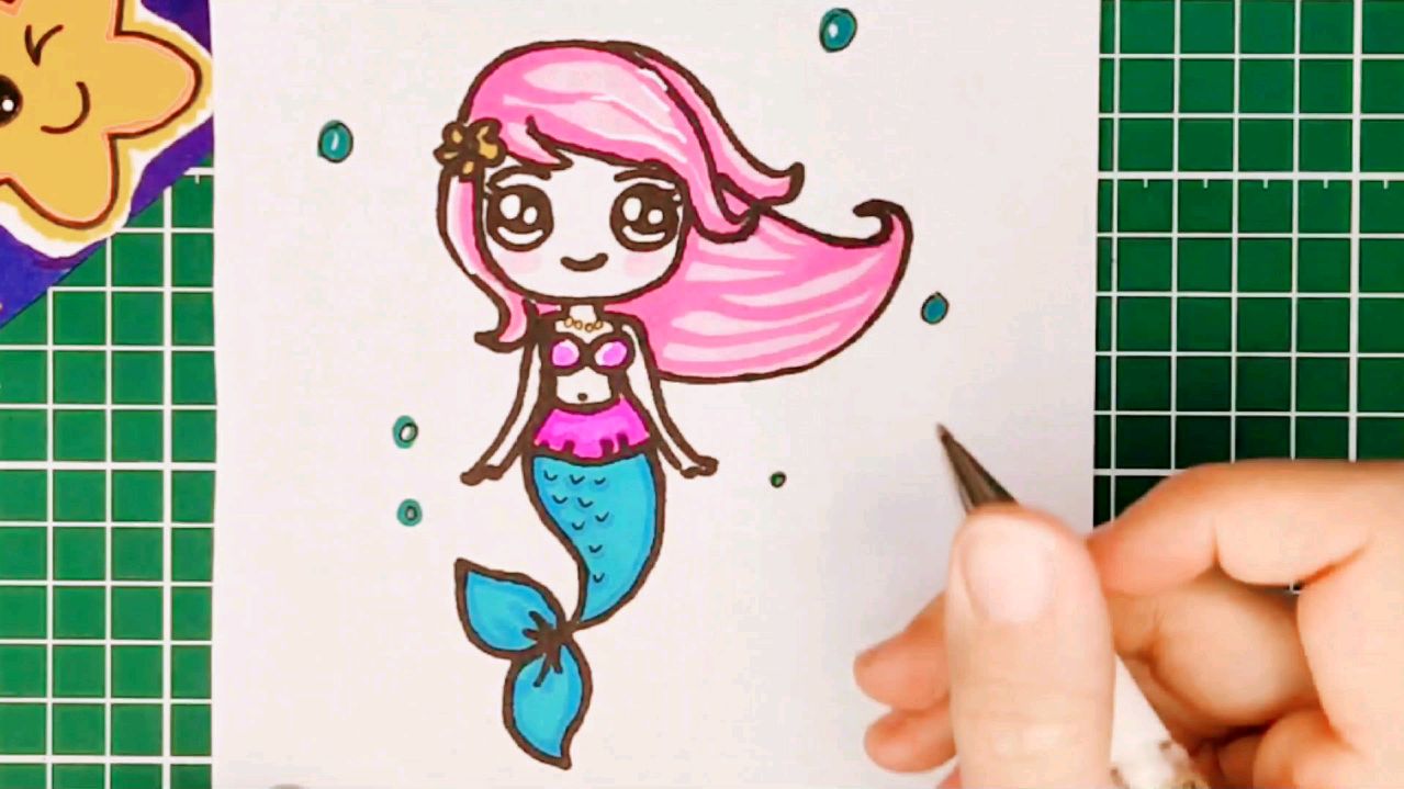 学画画《卡通美人鱼》简笔画儿童画,画画过程