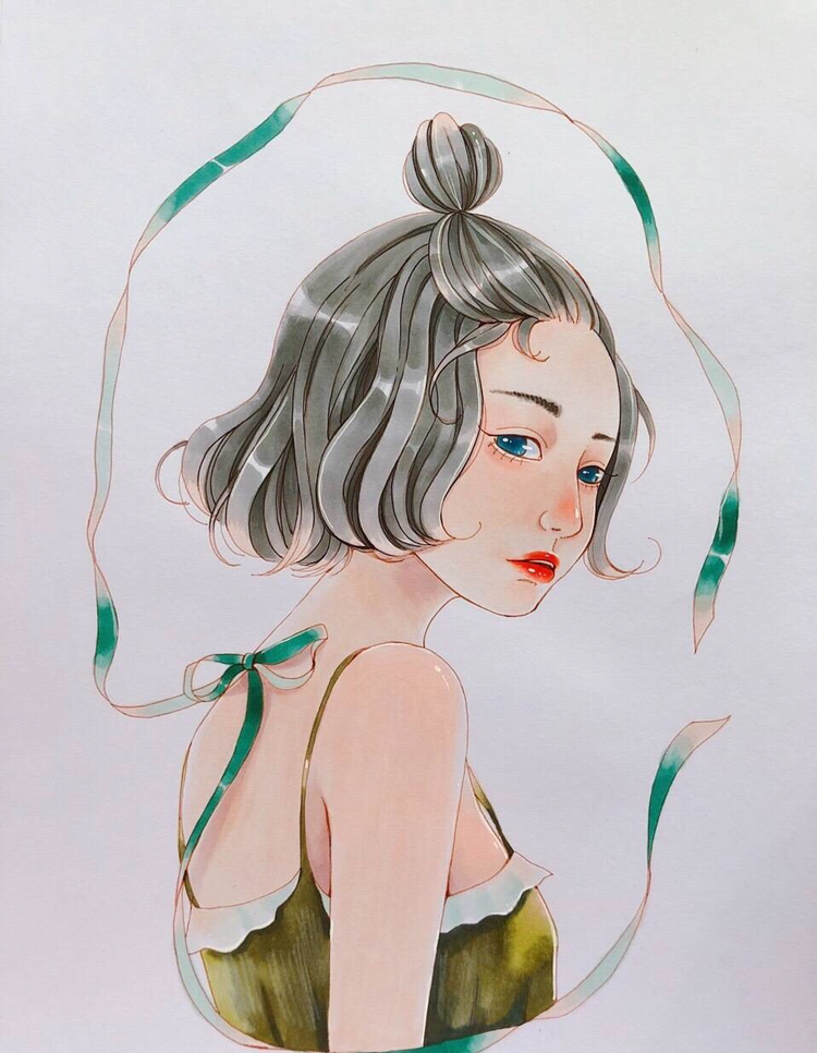 马克笔手绘,清新甜美的女孩,五官画的很精致