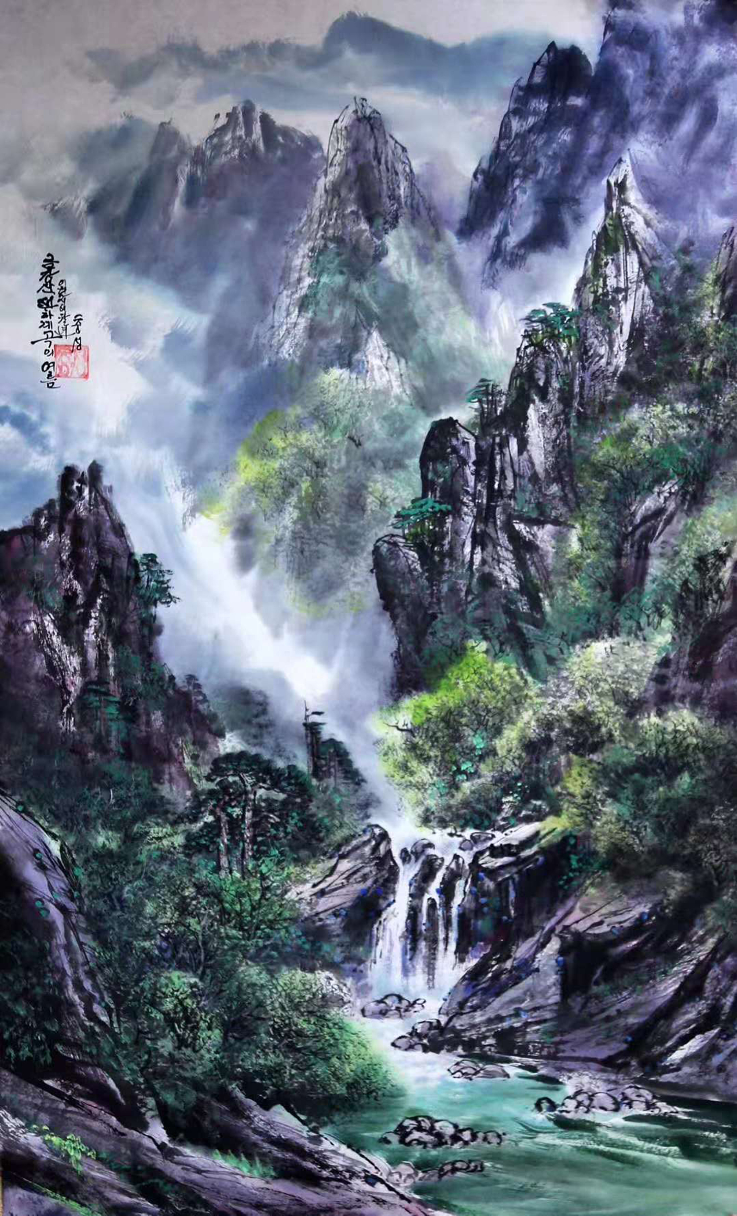 水墨山水画:有瀑布的彩墨山水风景画,请欣赏