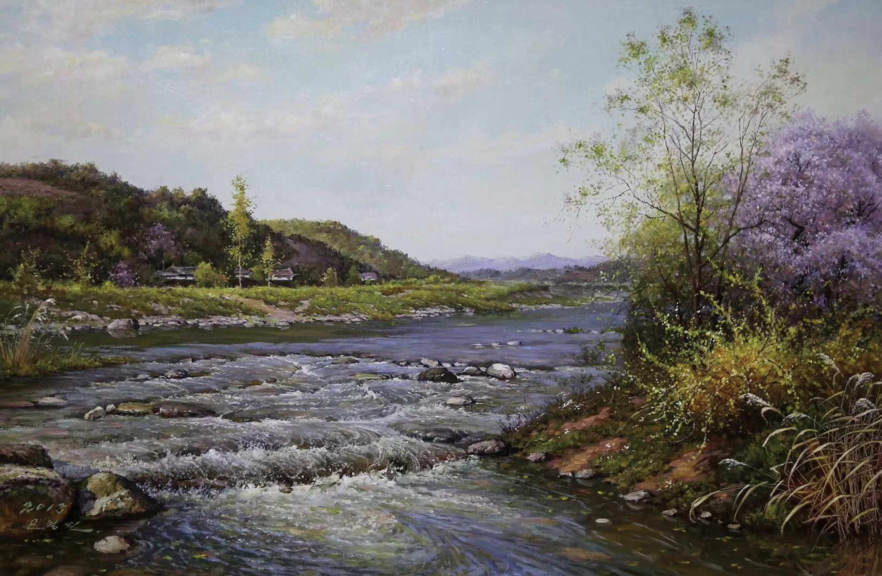 油画《小河水清》. 转载自百家号作者:8彩虹画室