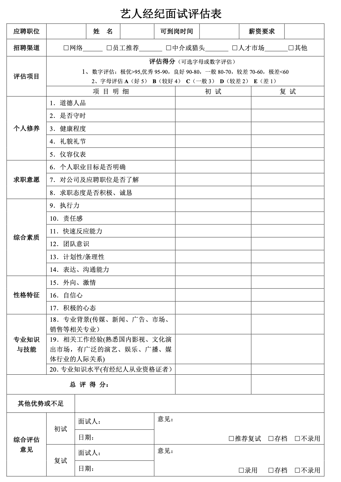 愿景未来(北京)传媒科技有限公司艺人经纪面试评估表
