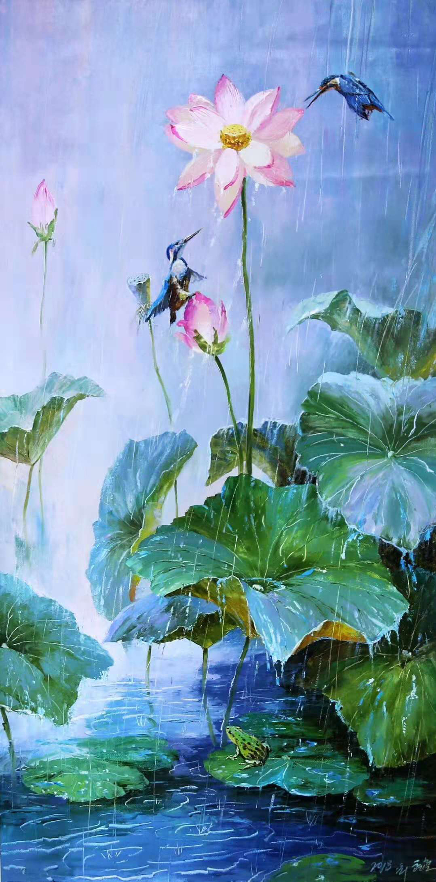 一组描绘莲蓬和翠鸟,雨中荷花和青蛙的油彩花鸟画,请欣赏