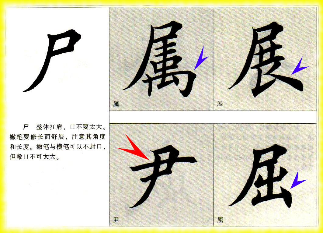 楷书偏旁20|田英章尸字偏旁字的书写布局方法分析