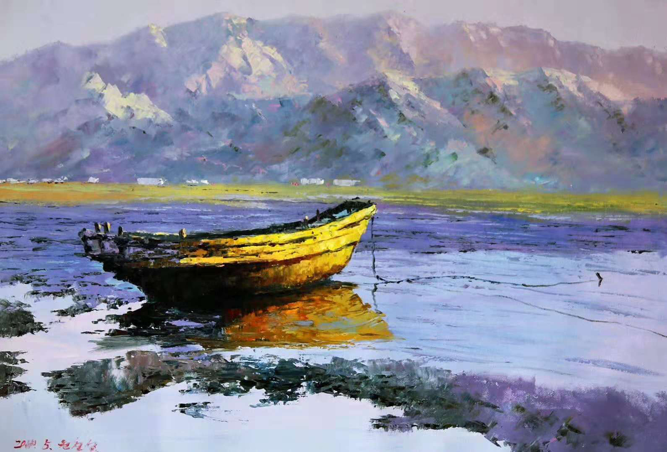 油画《湖边的船》,72*50,元哲成画