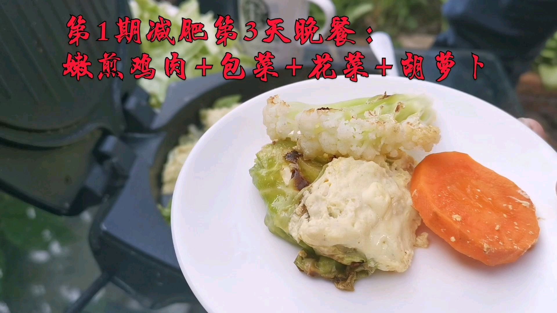 熊猫君第1期减肥第3天晚餐,嫩煎鸡肉+包菜+花菜+胡萝卜,营养丰富