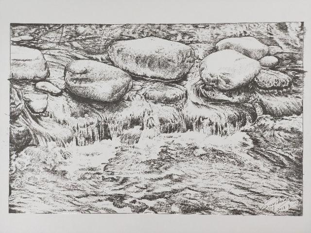syh的钢笔画《石与水》