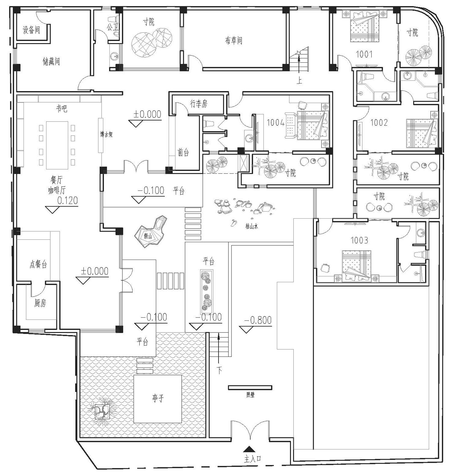 一层平面设计图:餐厅,客厅,厨房,储物间,卧室