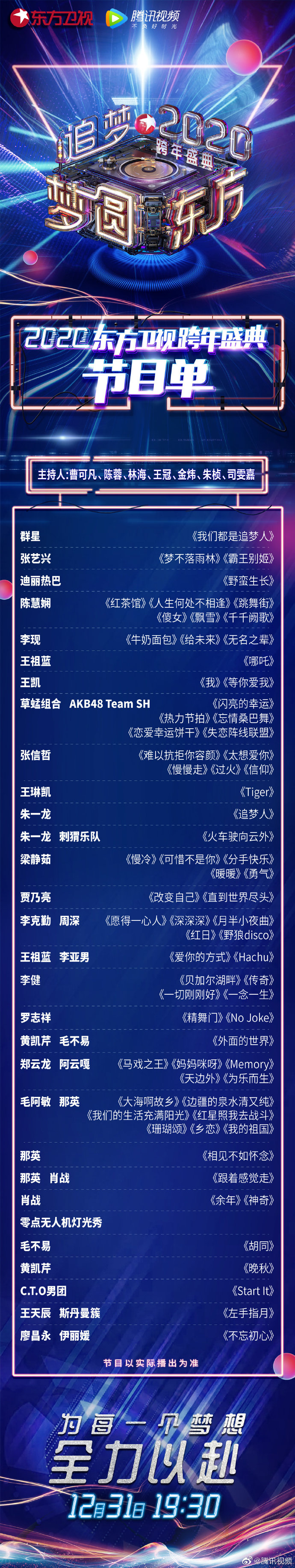 2020东方卫视跨年盛典节目单出炉 快来康康李现的演唱歌单