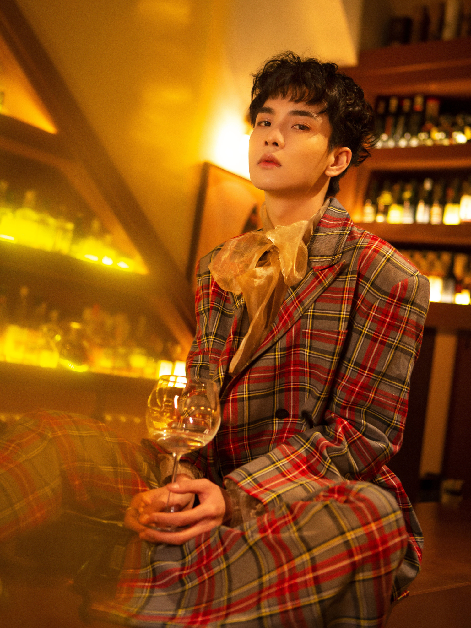 郑繁星大片来袭,复古卷发搭配格纹西装,"蓝家人"的贵气不简单