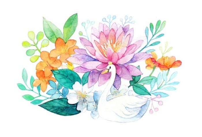一组很有爱的小水彩画,可爱的小动物和鲜艳的花朵,春天的味道