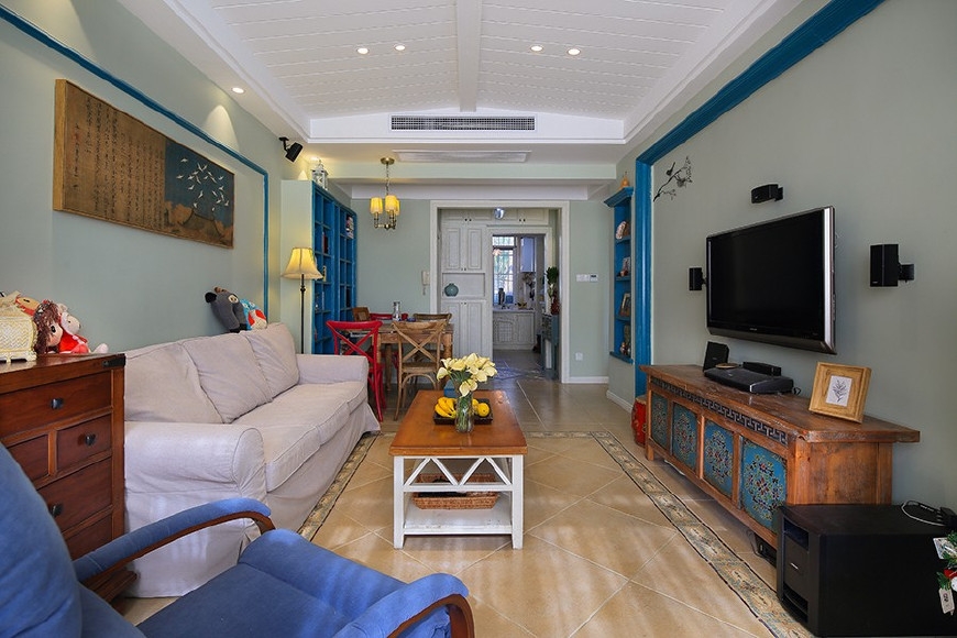 美式地中海混搭装修,清新舒适!客厅吊顶太有个性了!