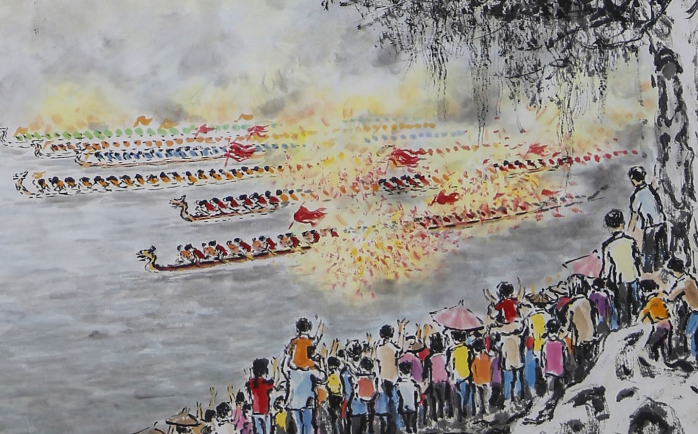万人空巷,端午龙舟鼓喧天--观冯伟骥国画《赛龙夺锦》