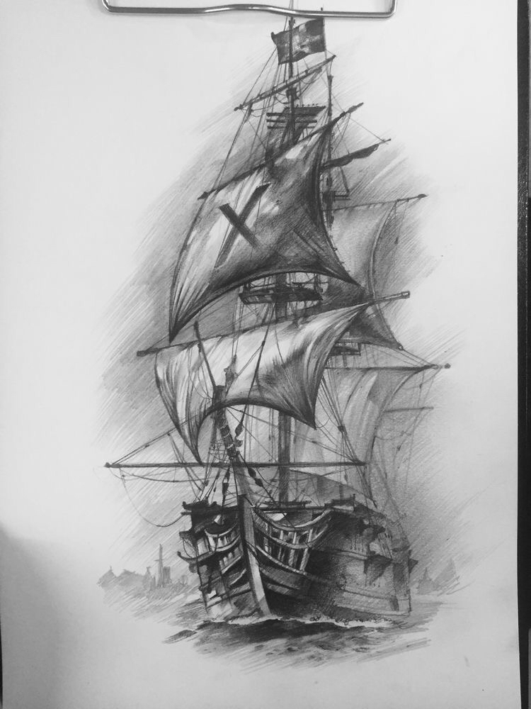 海盗船纹身图案手稿图片