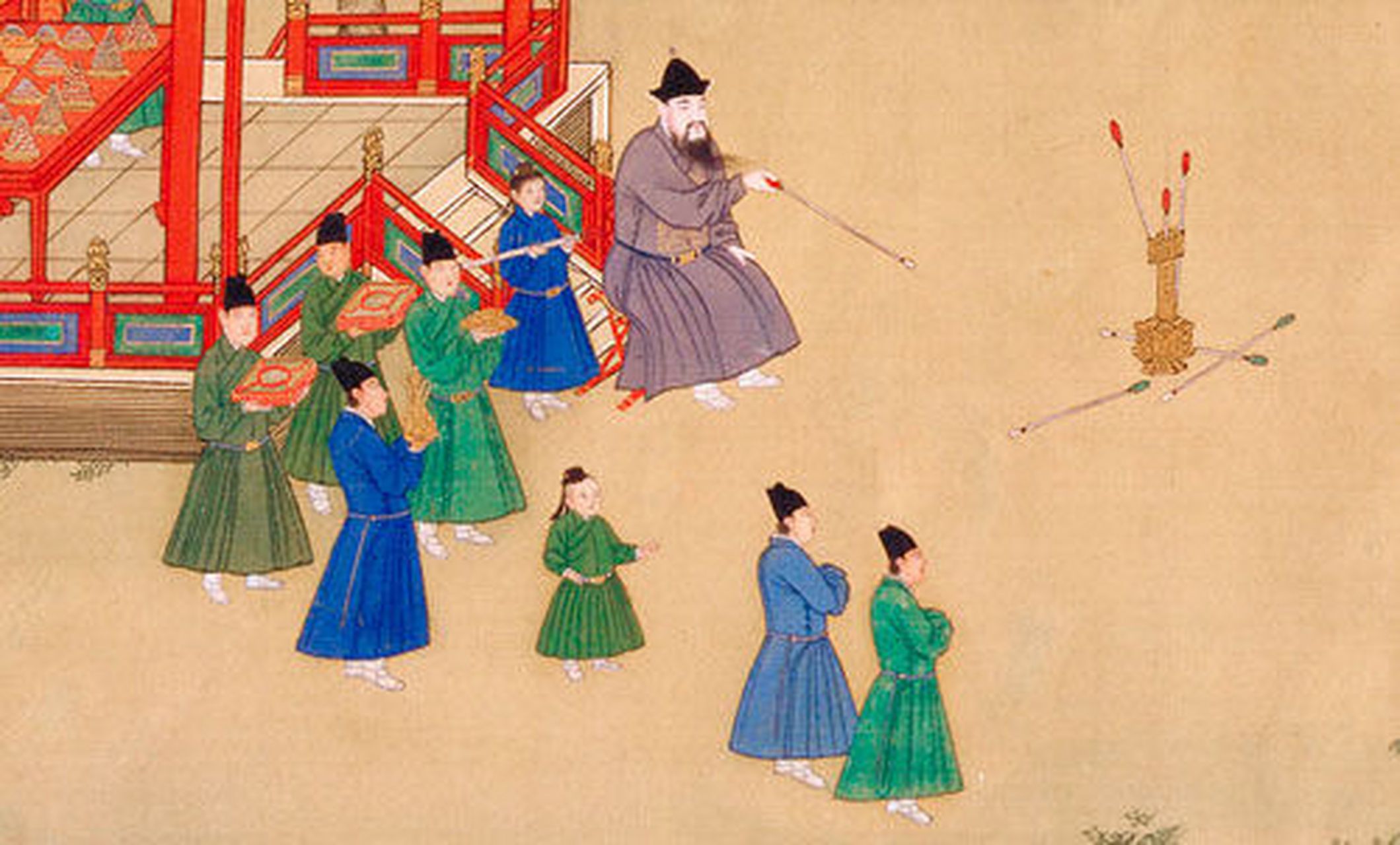 玟贵妃春贵人錱常在行乐图轴,清宫廷画家绘,纸本,设色,纵169cm,横90cm