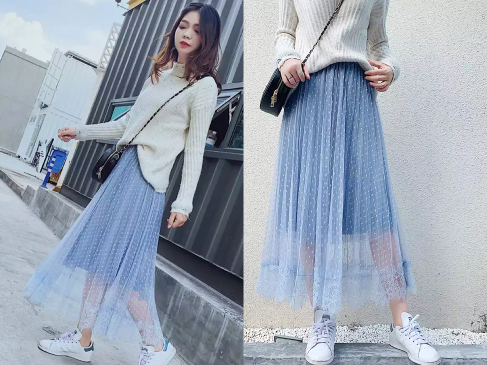 2019流行的蓝色网纱裙,搭配各种上衣,就能美美出门了!