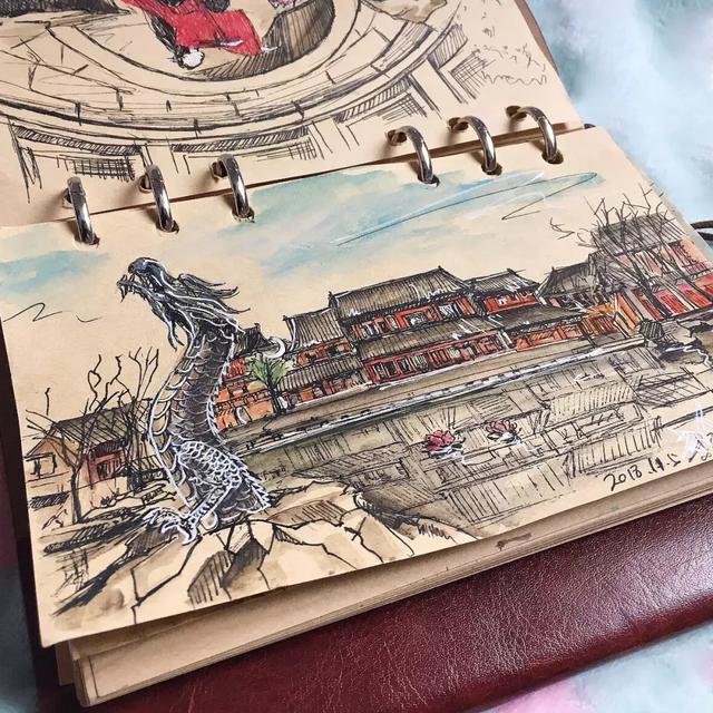 速写本勾画出洛阳古城,千年古塔垂柳烟波朱阁楼榭