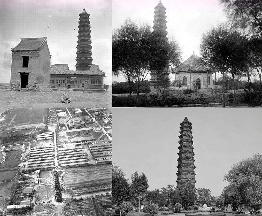 图中分别是1907年,民国时期,80年代和今天的开封铁塔.