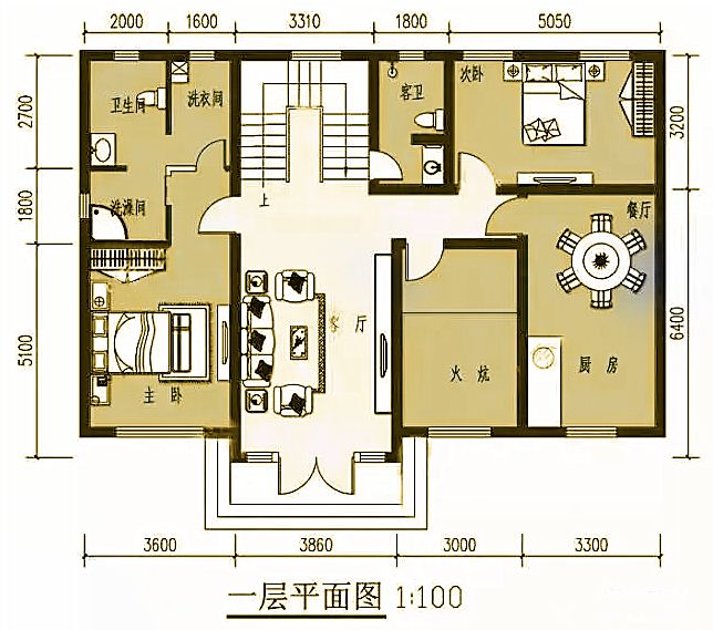 别墅效果图 一层:客厅,餐厅,厨房,老人卧室带卫生间,次卧室,公卫,火炕