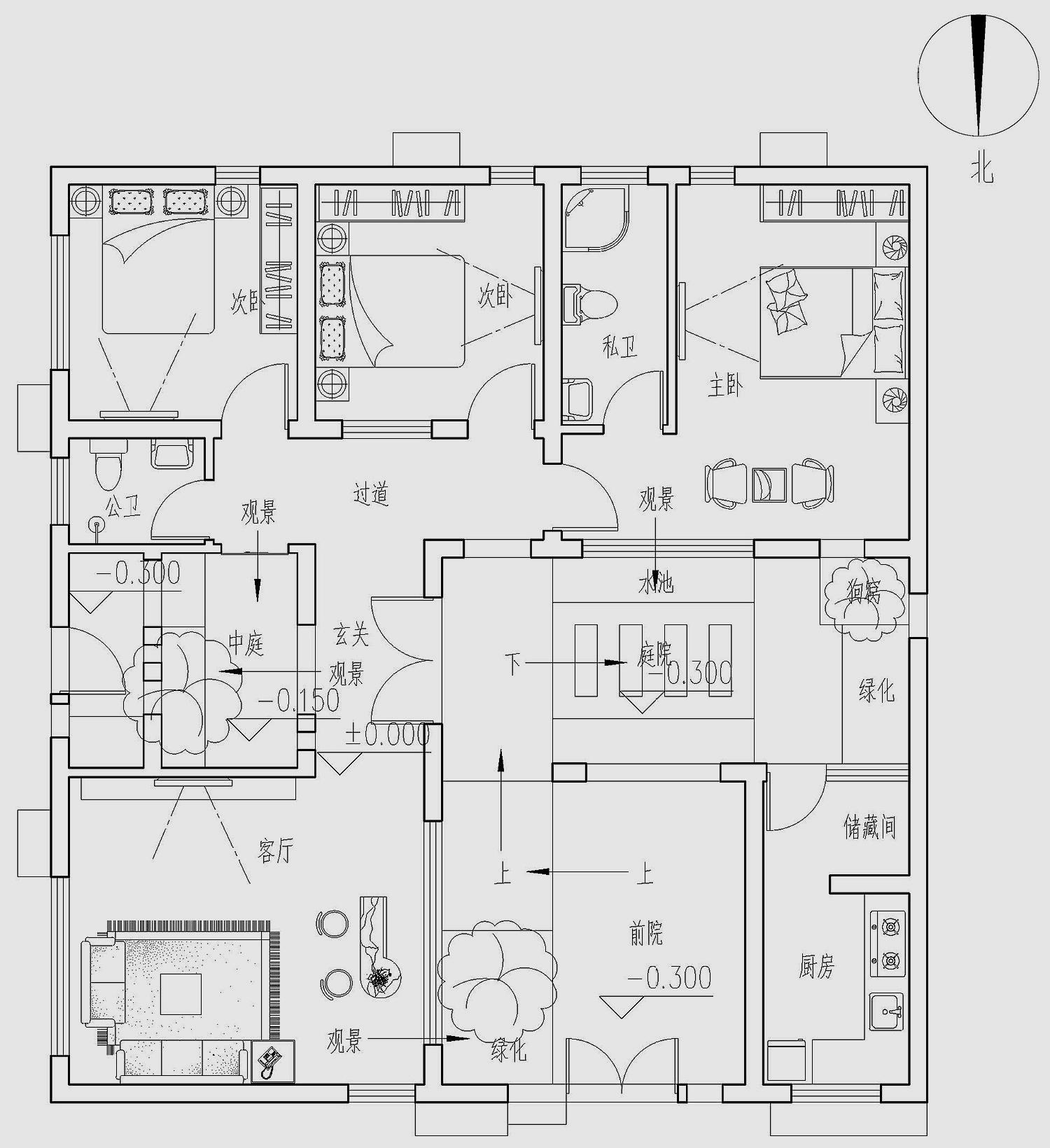 一层平面设计图:厨房,客厅,餐厅, 卧室,娱乐室