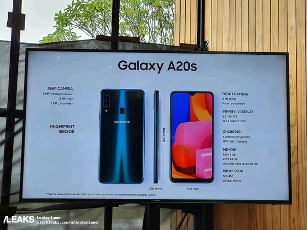 三星galaxy a20s配置曝光 骁龙450/6.5吋屏/下月发布