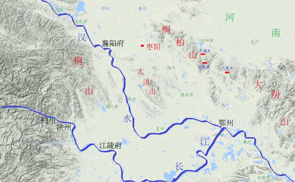 与桐柏山之间,放大地形图又会发现他们之间还有一个名为大洪山的山脉