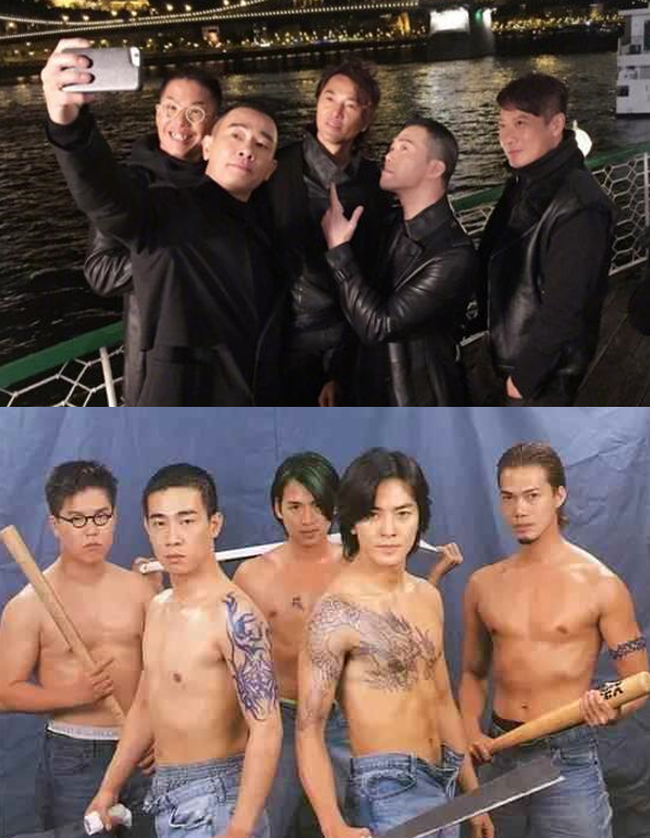 陈小春在微博上晒出了一张古惑仔兄弟五人组合照,并自封"黄金兄弟",为
