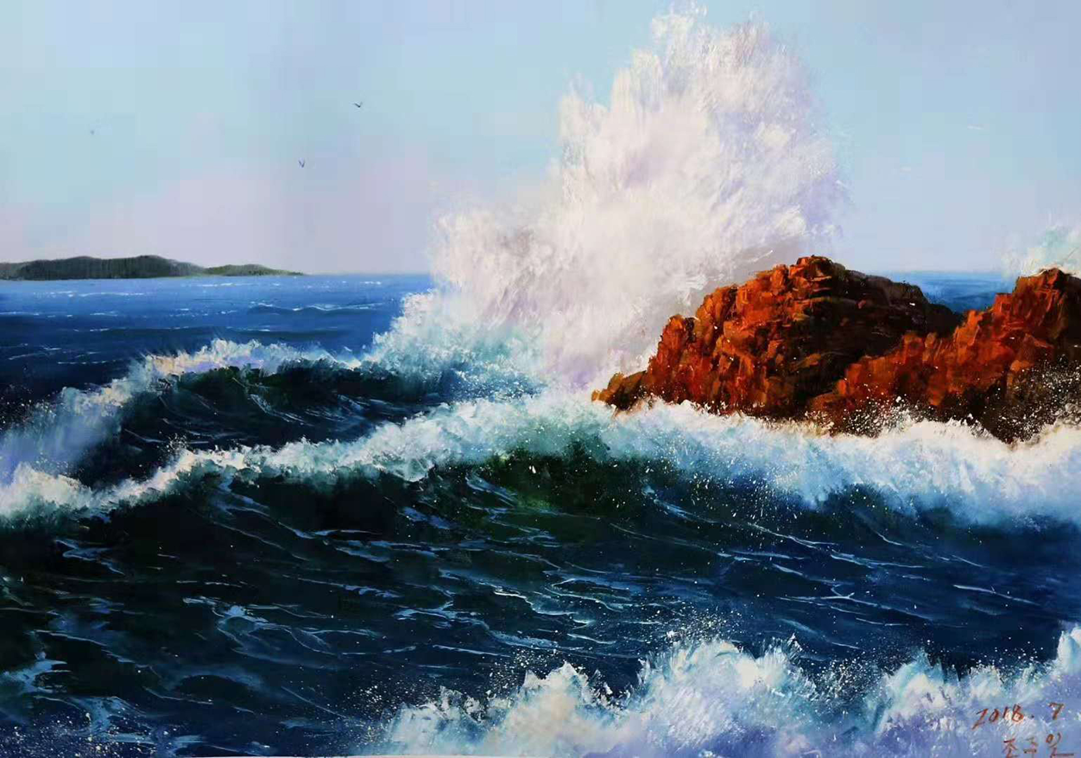 油画《海浪》,面对大海,让人激动的依然是海浪