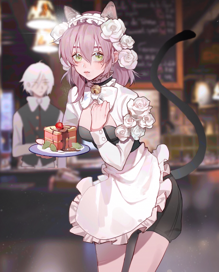 构图饱满细节精致的卡通人物插画.端着甜点的小女仆.作者:小鸟游理奈.