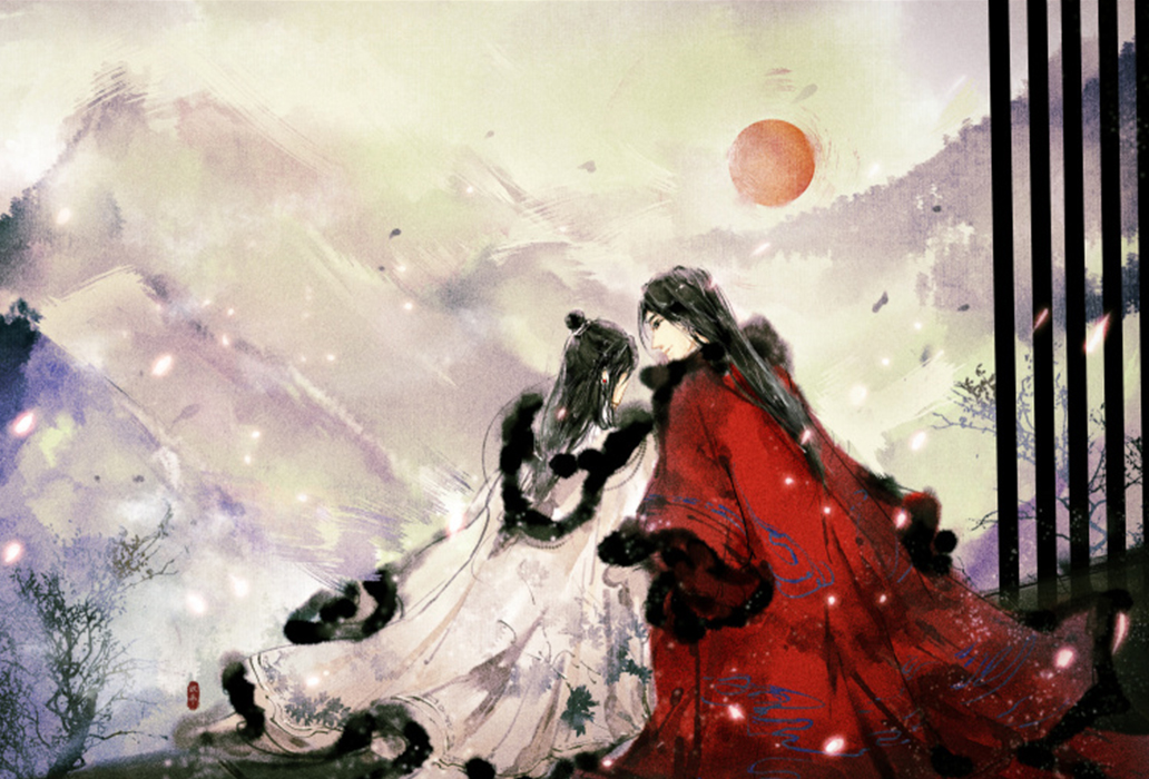 《天官赐福》古风十足的花怜图,花花贴心撑伞,花神怜怜好美!