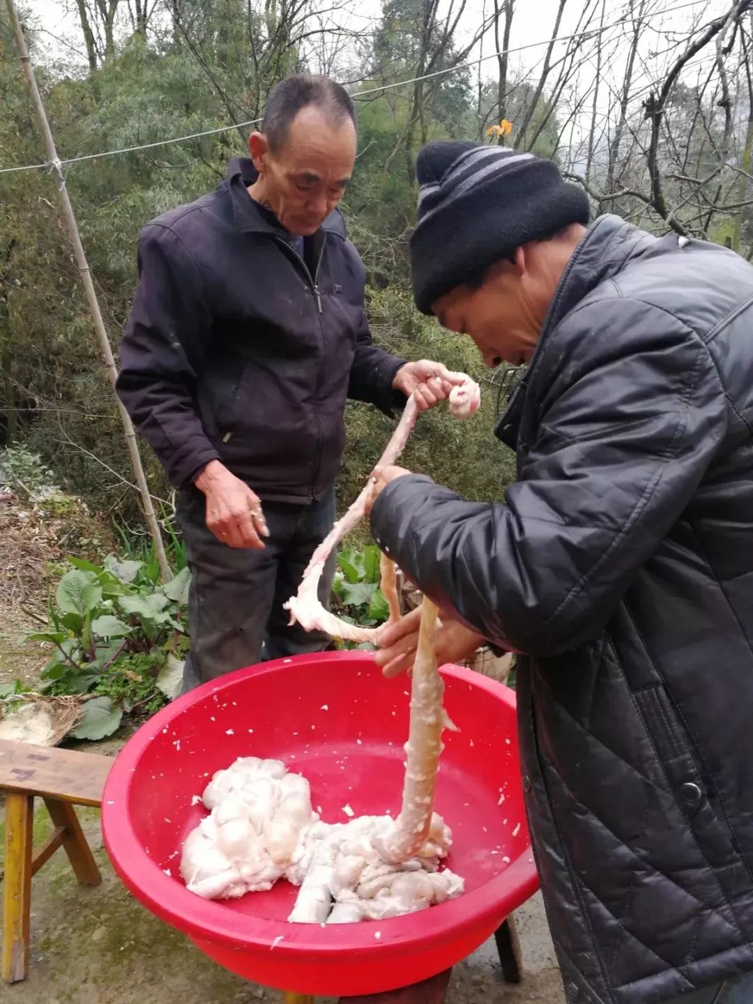 杀年猪有很多工序 有经验的杀猪匠轻松操作 其他人打下手 现场好不