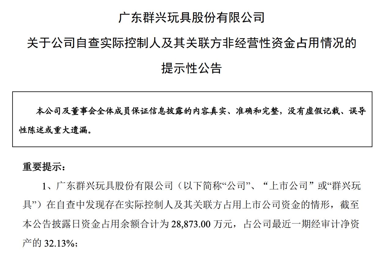 被逼急了告"老板 群兴玩具2.89亿被实控人占用要分4次归还