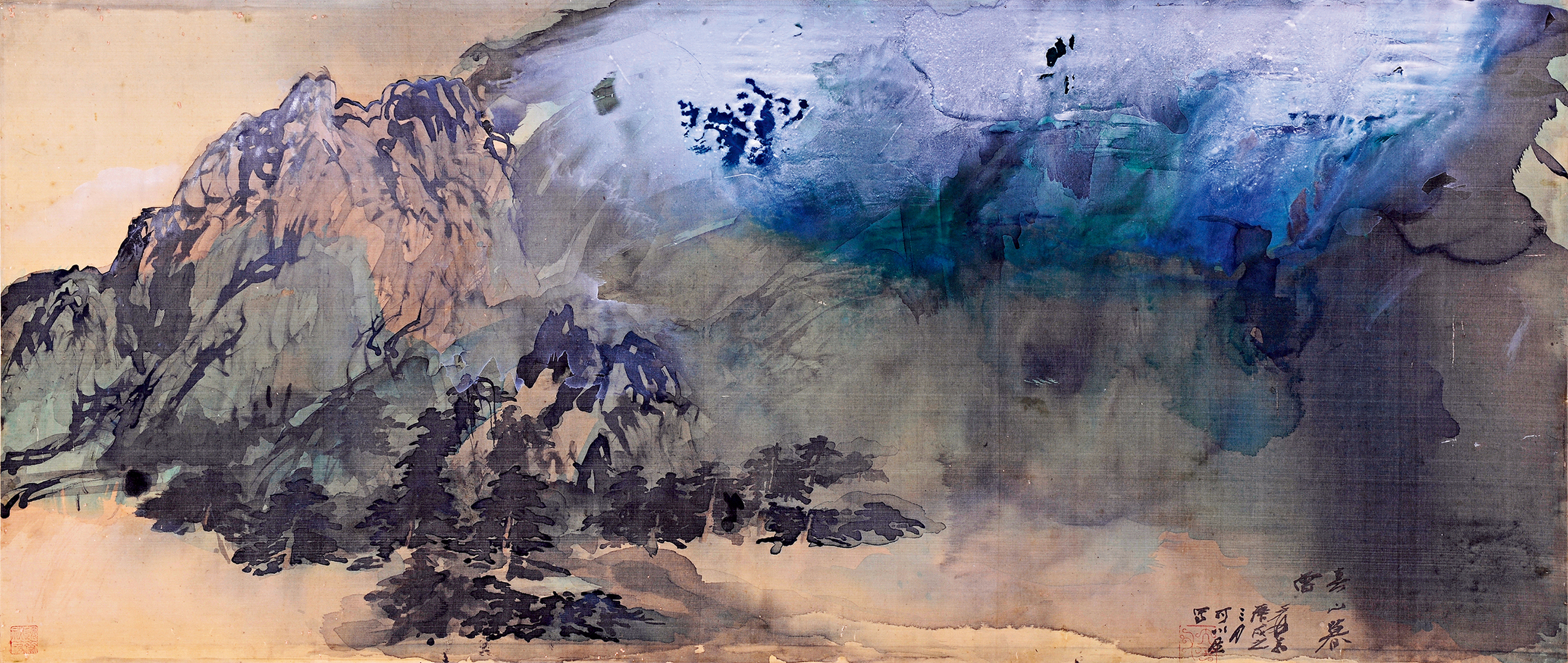 书画经典# 张大千《春山暮雪》,设色绢本,镜心,70厘米×163厘米,1700