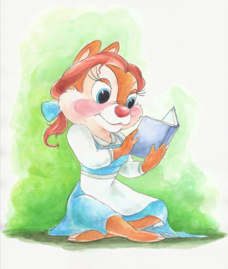 当迪士尼公主变为小松鼠时,贝儿公主在看书,她是一位很爱读书的公主