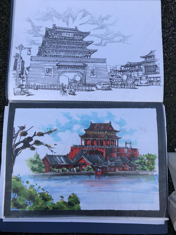 自学成才 大四男孩用钢笔画记录开封美景